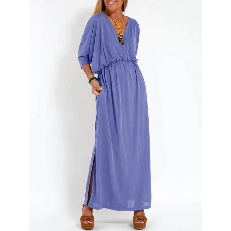 Damen lässiges Maxikleid mit V-Ausschnitt und seitlichen Schlitzen Drune
