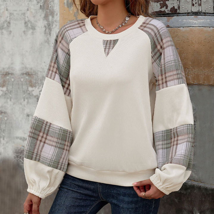 Damen Oversize-Longsleeve mit karierten Chiffon-Raglanärmeln und gerafften Manschetten Drune