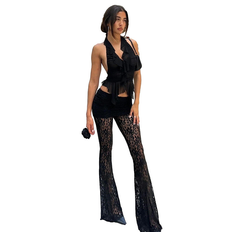 Damen Spitzentransparentes Hosen Set Drune
