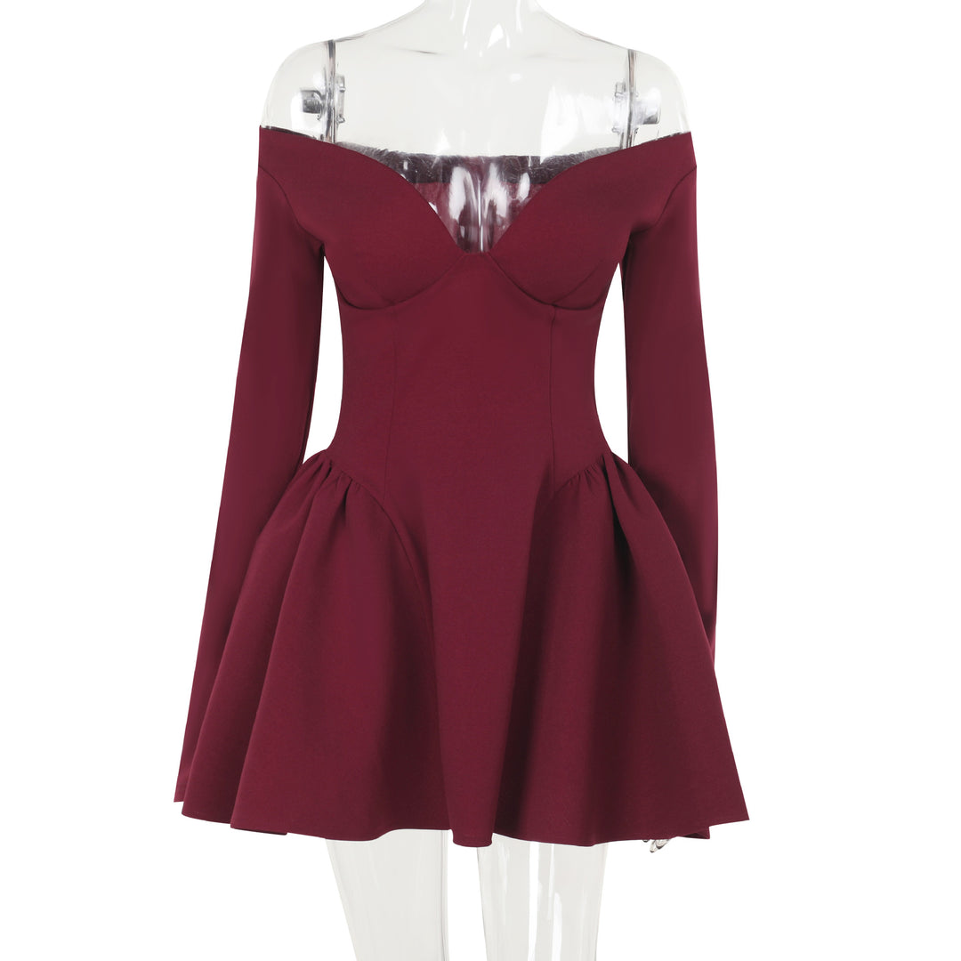 Damen elegantes schulterfreies Minikleid mit weitem Rock Drune