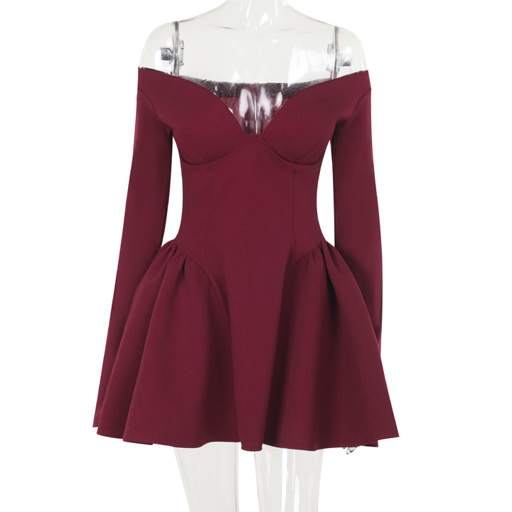 Damen elegantes schulterfreies Minikleid mit weitem Rock Drune