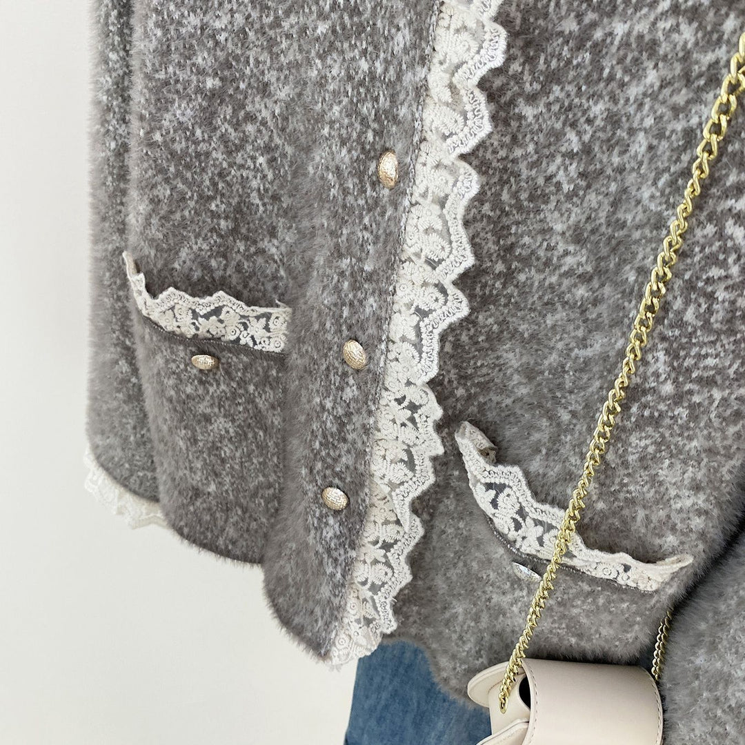 Damen elegante Strickjacke mit Perlen und Spitzen Drune