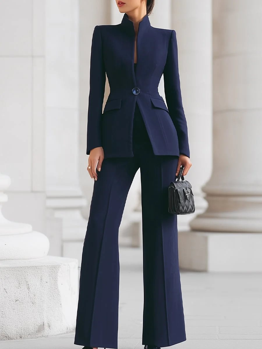 Damen Taillierter Blazer mit Stehkragen und High‑Waist ausgestellte Hose Drune