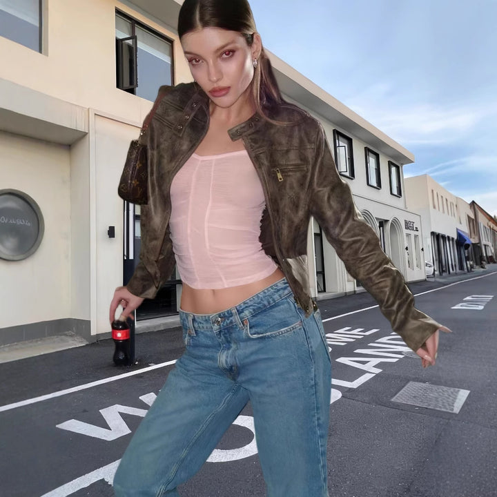 Damen trendige Bikerjacke aus hochwertigem Kunstleder Drune
