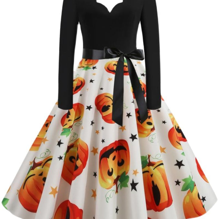 Damen Vintage Swing-Kleid mit Halloween-Kürbisprint, V-Ausschnitt mit Wellensaum und tailliertem Satinband Drune