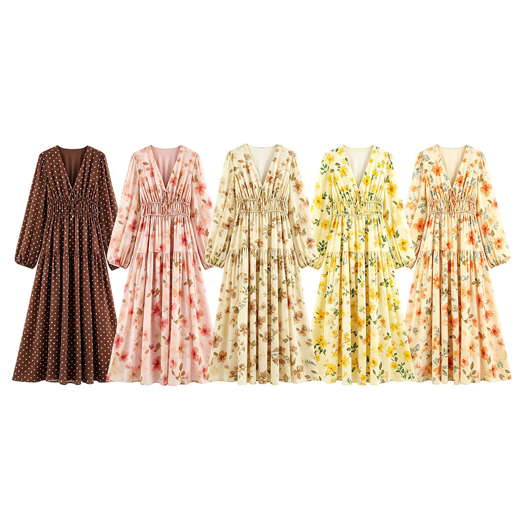 Damen Luftiges Chiffon-Midikleid mit tiefem V-Ausschnitt, geraffter Smock-Taille und Volantstufen Drune