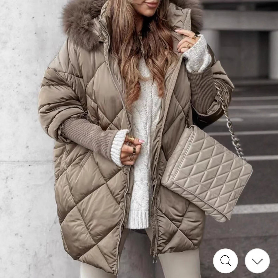 Damen langer gesteppter Winterparka mit großer Kapuze und Kunstfellbesatz Drune
