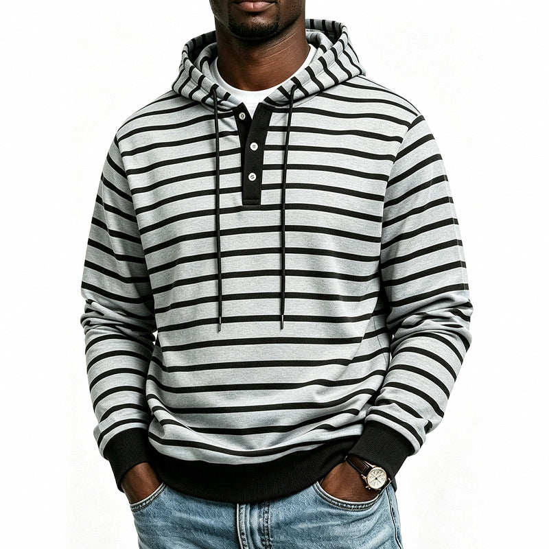 Herren Kapuzenpullover mit Henley-Knopfleiste und feinem Streifenstrukturmuster Drune