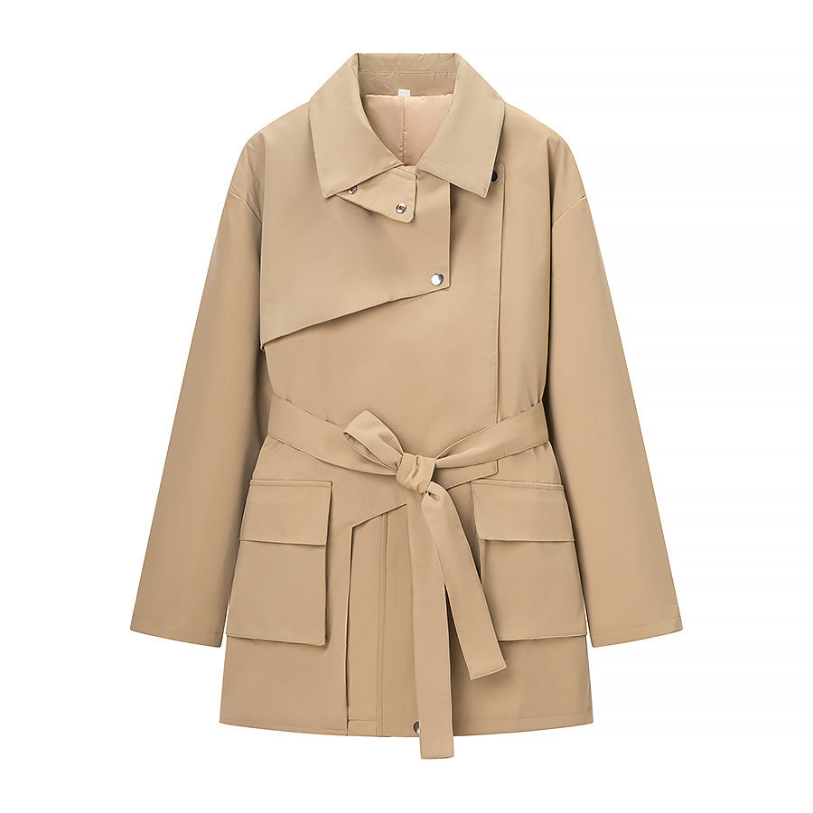 Damen Taillierte Übergangsjacke mit Stehkragen, Schultercape und Bindegürtel Drune