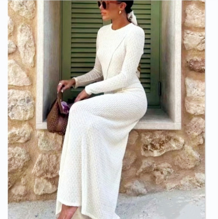 Damen Strickmaxikleid mit strukturiertem Design und langem Ärmel Drune