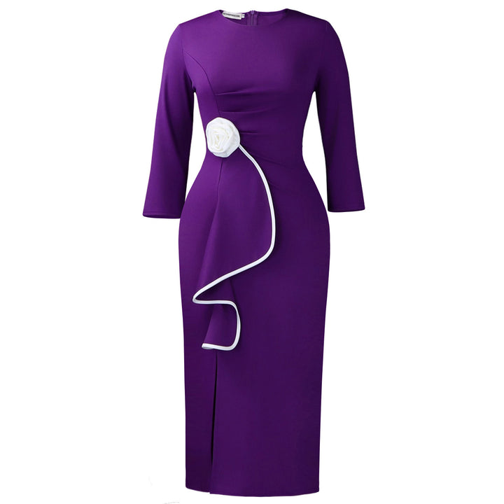 Damen Etuikleid mit eleganter Drapierung und floraler Applikation Drune