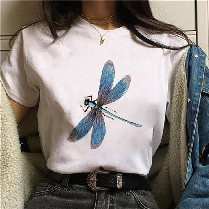 Damen V-Ausschnitt T-Shirt mit floralem Schmetterlingsdruck Drune