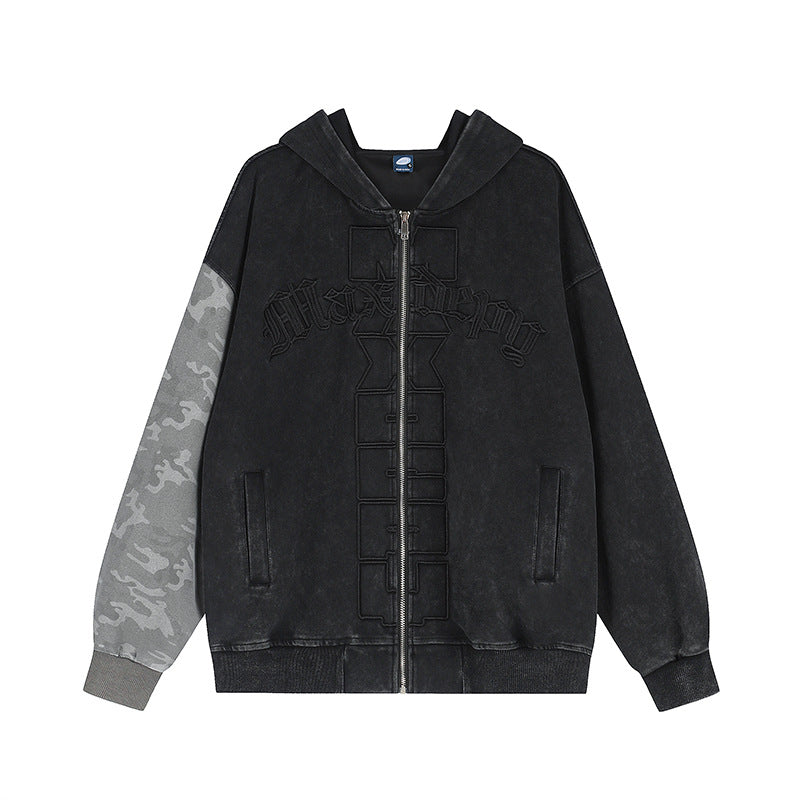 Unisex Oversize-Kapuzen-Zipjacke mit Camouflage-Ärmel, Washed‑Effekt und erhabener Frontstickerei Drune