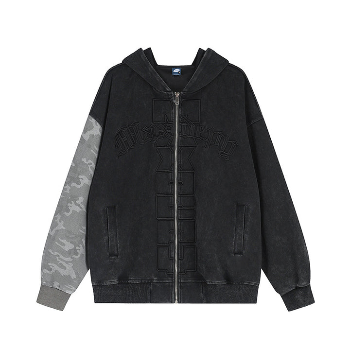 Unisex Oversize-Kapuzen-Zipjacke mit Camouflage-Ärmel, Washed‑Effekt und erhabener Frontstickerei Drune
