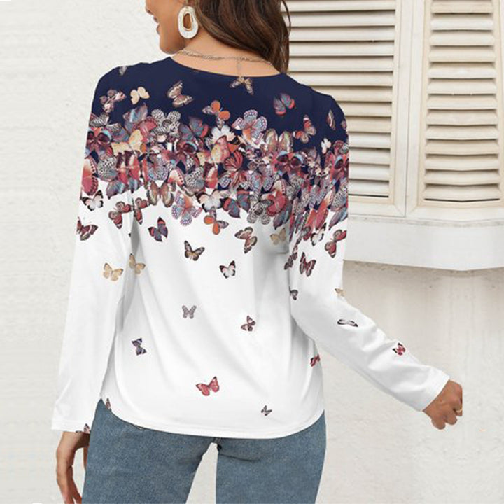 Damen Langarmshirt mit floralem Spitzen-V-Ausschnitt und elegantem Muster Drune