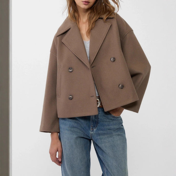 Damen nan kurz geschnittener Zweireiher Wollmix-Peacoat mit überbreitem Revers und kastiger Silhouette Drune