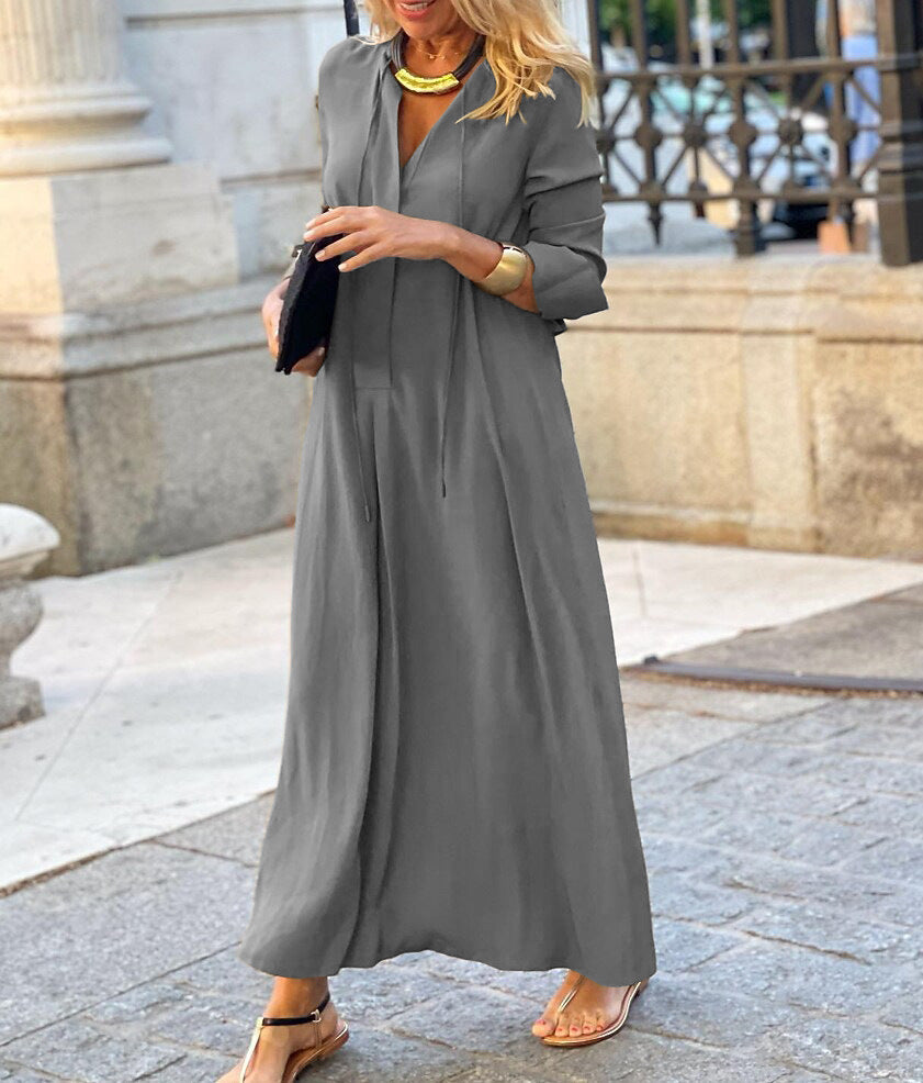 Damen Maxikleid mit V-Ausschnitt, Langärmelig, lockere A-Linien‑Silhouette und Kordelzug Drune