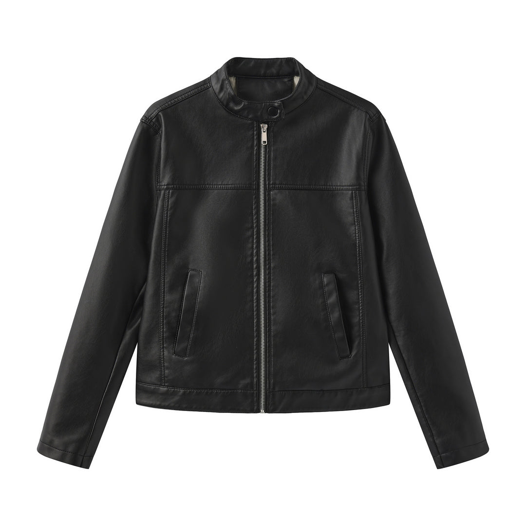 Herren nan minimalistische Kunstlederjacke mit Stehkragen, Metallreißverschluss und eingearbeiteten Seitentaschen Drune