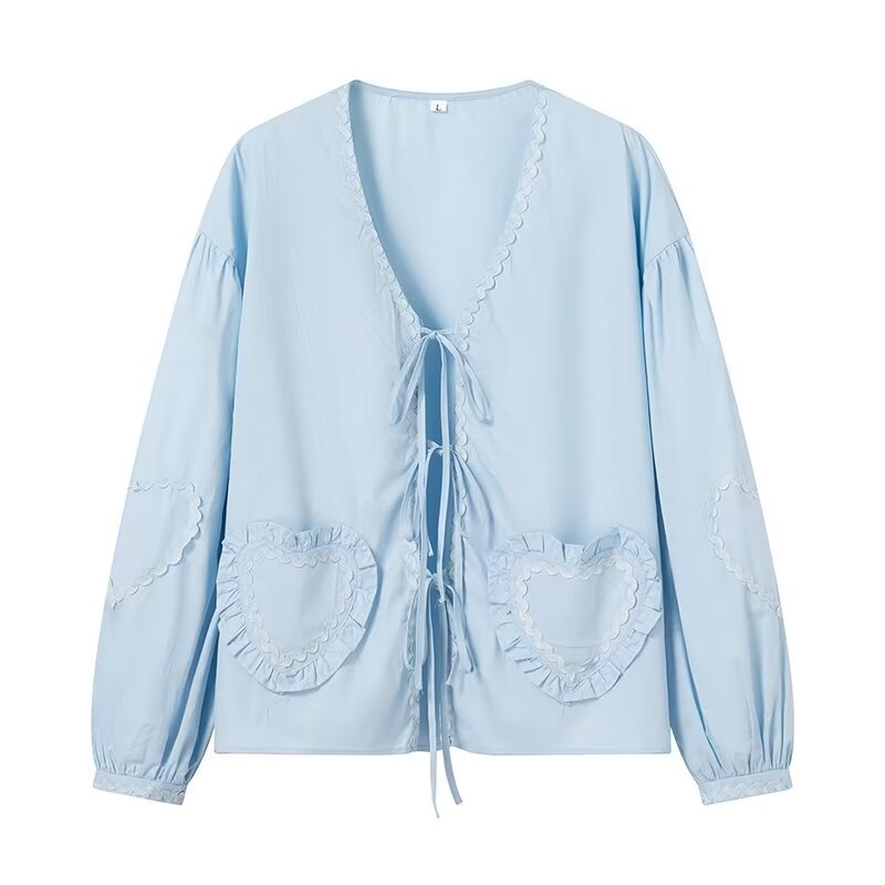 Damen Langärmlige V‑Ausschnitt Bluse mit Bindebändern und Herz‑Rüschentaschen Drune