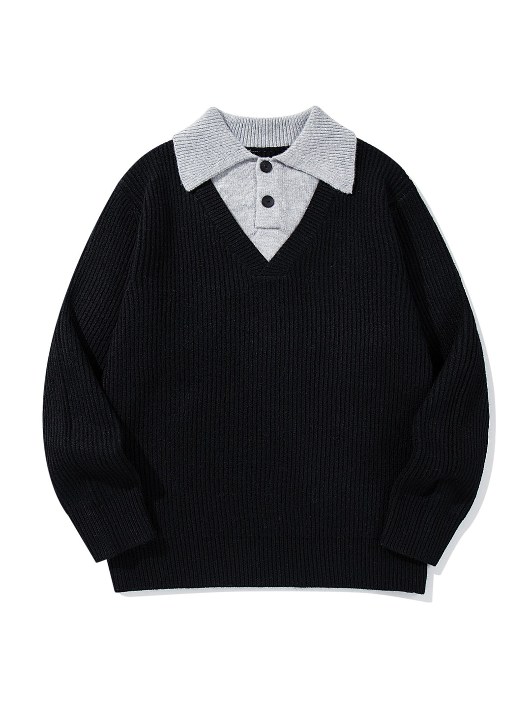 Herren Gerippter Strickpullover mit Polokragen‑Einsatz und tiefem V‑Ausschnitt Drune