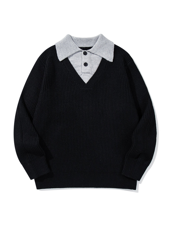 Herren Gerippter Strickpullover mit Polokragen‑Einsatz und tiefem V‑Ausschnitt Drune