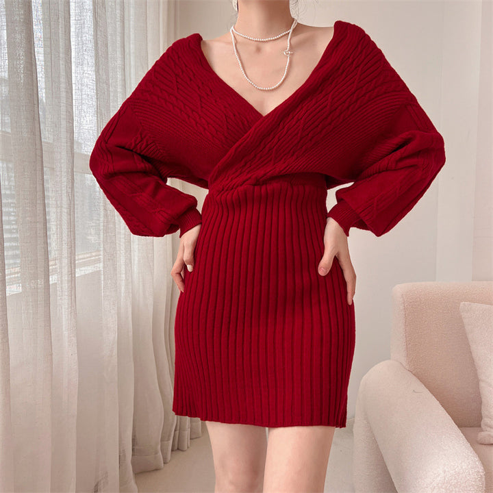 Damen Strickkleid mit v-förmigem Ausschnitt und Rippstruktur Drune