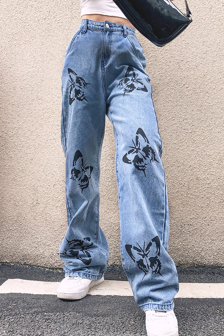 Damen nan weite High-Waist-Jeans mit Gothic-Schmetterlingsprint und entspanntem Straight-Leg Drune