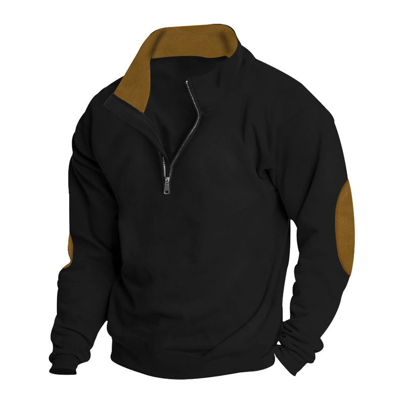 Herren nan Kurzzip-Stehkragenpullover mit Kontrastkragen und Wildleder-Ellenbogenpatches Drune