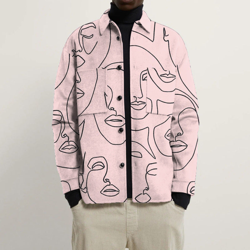 Damen Oversized Wolloptik-Überhemd mit asymmetrischem Vogelprint und Pattentasche Drune