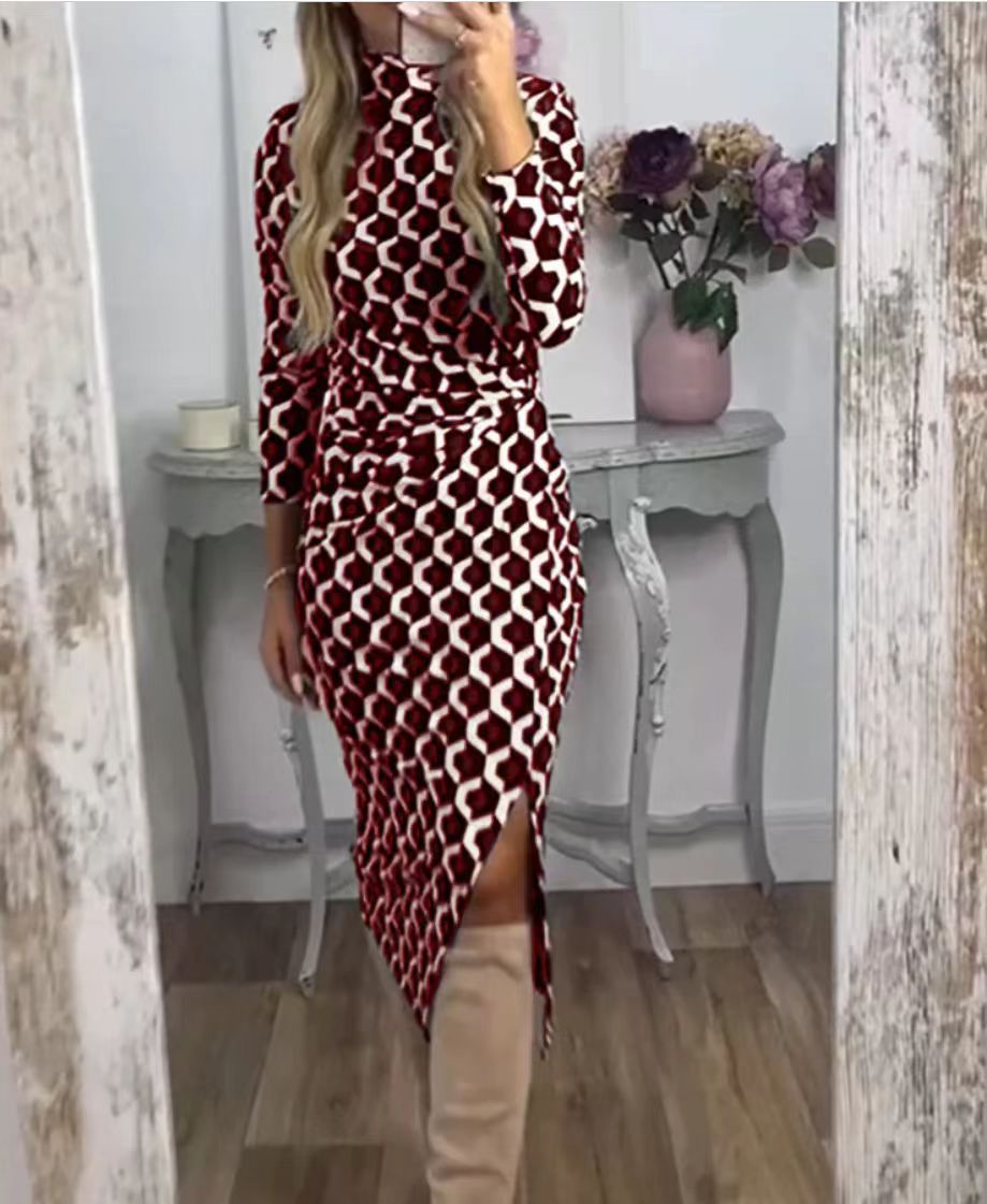 Damen Figurbetontes Midi-Kleid mit geometrischem Wabenmuster, Stehkragen und Seitenschlitz Drune
