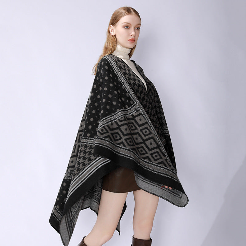 Damen Gewebter Jacquard‑Capeponcho mit Hahnentritt‑ und Ornamentmix Drune