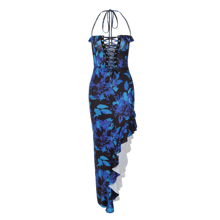 Damen Träger Maxikleid mit verspieltem Rüschen-Ausschnitt und floralem Design Drune