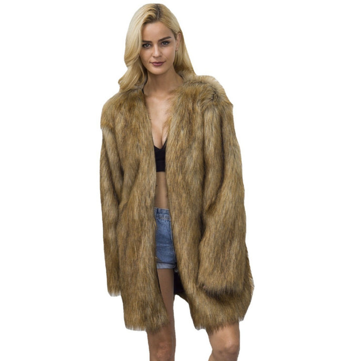 Damen Eleganter Kunstpelzmantel mit langem Schnitt und breitem Kragen Drune
