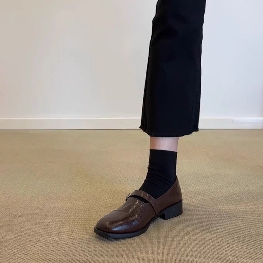 Damen Klassische Leder Mary Jane Schuhe mit verstellbarem Riemen Drune