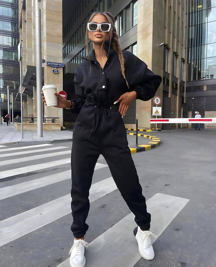 Damen taillierter Velours-Jumpsuit mit Tunnelzug Stehkragen und elastischen Bündchen Drune