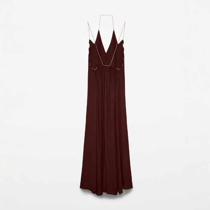 Damen elegantes Maxikleid mit tiefem V-Ausschnitt und fließendem Rock Drune