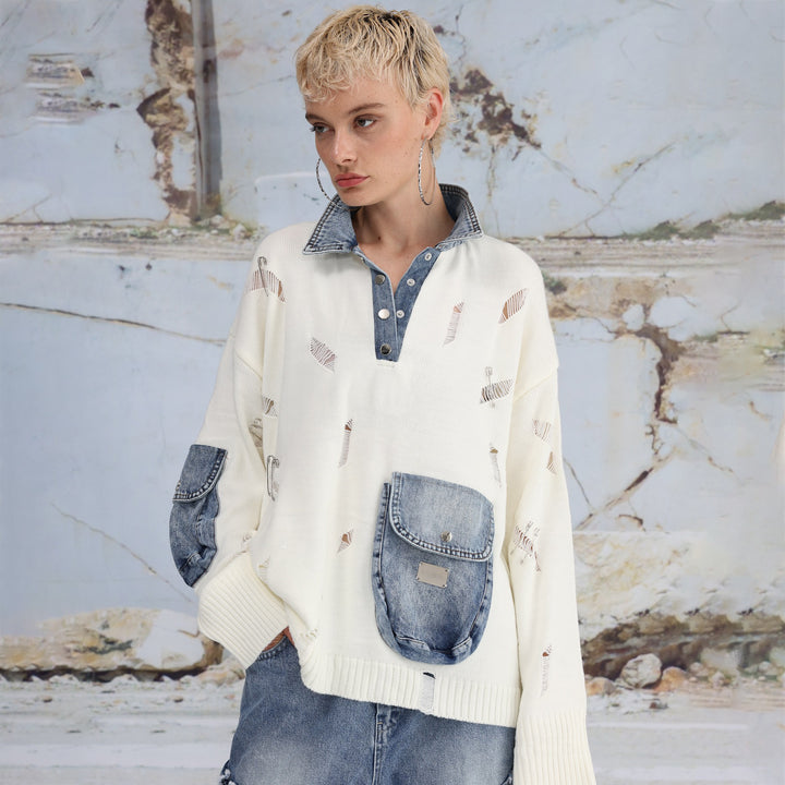 Damen Urbaner Oversized Pullover mit Denim-Details Drune