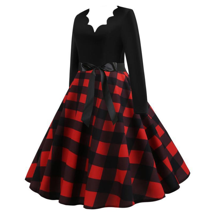 Damen Retro Swingkleid mit welligem V-Ausschnitt, tailliertem Satinbindegürtel und karierter Tellerrock Drune