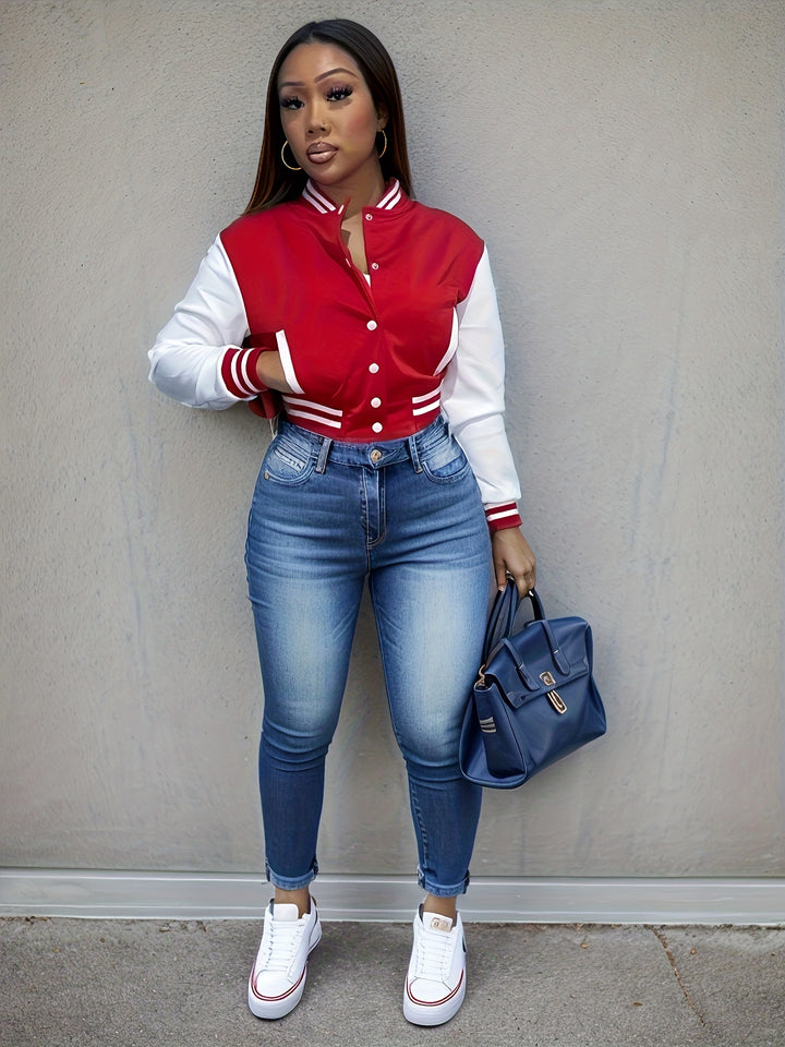 Damen Sportliche Varsity-Jacke mit Kontrastdetails und Knopfleiste Drune