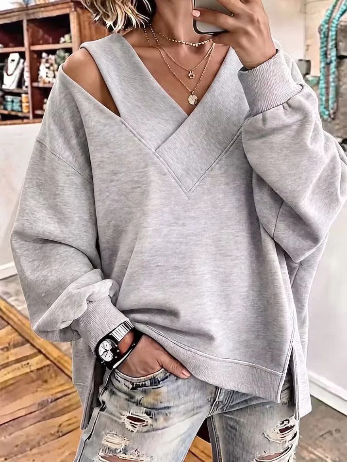 Damen Oversize-Sweatshirt mit V‑Ausschnitt und Cut-Out-Schulter Drune