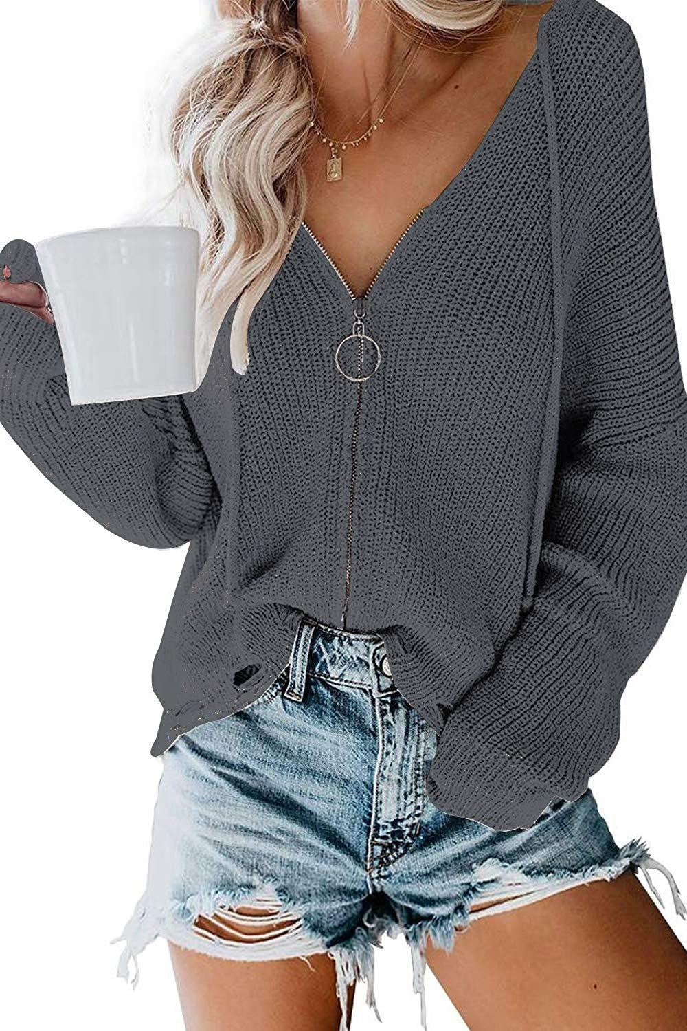 Damen Lässiger Pullover mit modernem Reißverschluss und weitem Schnitt Drune