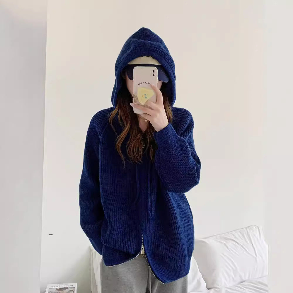 Damen gemütlicher Strick-Hoodie mit durchgehendem Reißverschluss und Kordelzug Drune