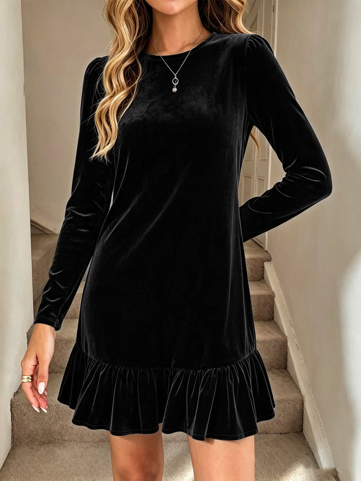 Damen Samt-Minikleid mit langen Ärmeln gerafftem Volantsaum und Puffschultern Drune