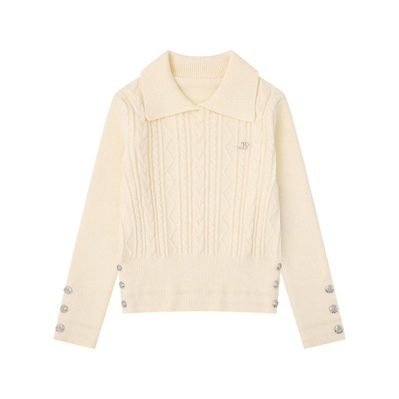 Damen Feinstrick-Polo-Pullover mit Zopfmuster, Zierknopfbesatz und taillierter Passform Drune