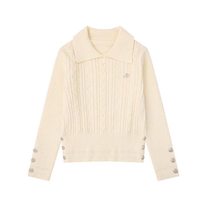 Damen Feinstrick-Polo-Pullover mit Zopfmuster, Zierknopfbesatz und taillierter Passform Drune