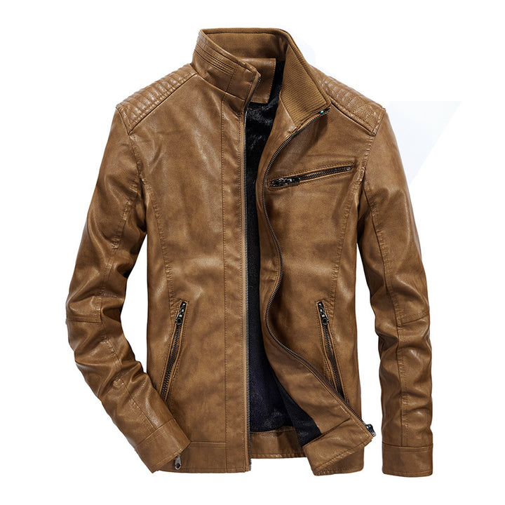 Herren Slim-Fit Motorradblouson aus Lederimitat mit Stehkragen und Reißverschlusstaschen Drune