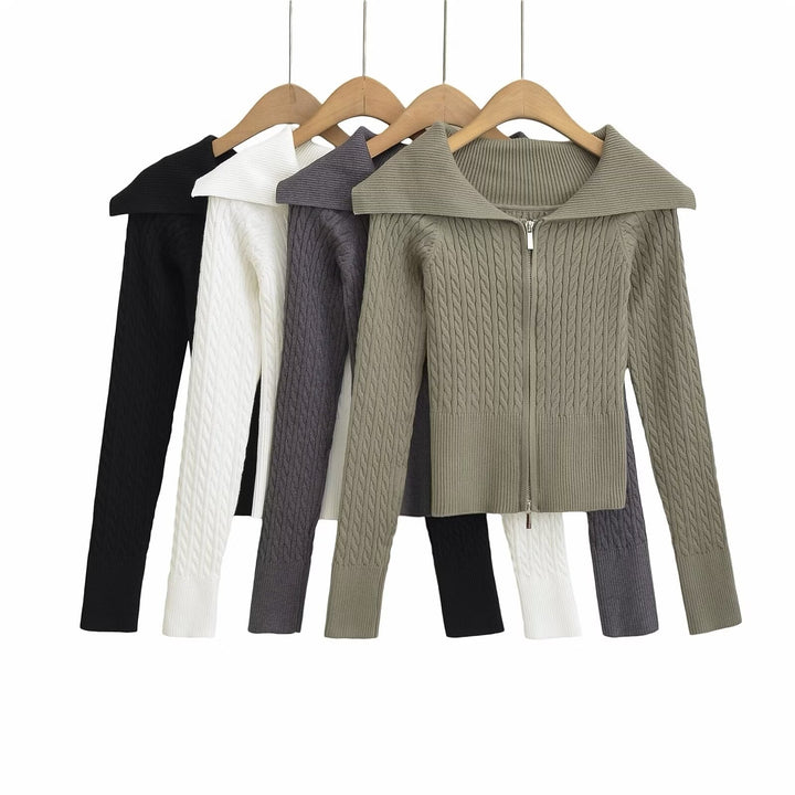 Damen modische Strickjacke mit weitem Kragen und Reißverschluss Drune