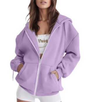 Damen nan oversized Zip-Kapuzenjacke mit kontrastierendem Reißverschluss, doppellagiger Kapuze und Kängurutasche Drune