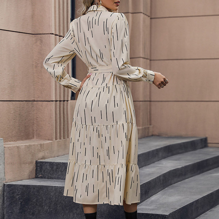 Damen Langärmeliges Hemdblusenkleid mit Stufenrock, Taillengürtel und Frontknopfleiste Drune