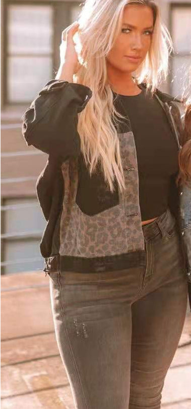 Damen Kurz geschnittene Jeansjacke mit leopardenmuster Drune